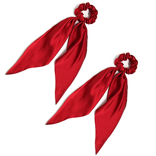 Pack of 2 Knotted Bow Hair Scrunchies Elastic Hair Scarf Hair Ties Bands Satin Hair Ribbon Scrunchy Red Ponytail Holder for Women and Girls, Hair Scarf Scrunchies, Hair Accessories (Burgundy)