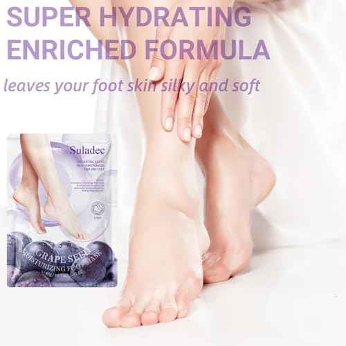 SULADEC Moisturizing Foot Mask with Grape Seed Oil and Shea Butter, Hydrating Foot Masks for Dry Cracked Feet, Dry Skin Moisturizer for Soft and Smooth Touch Feet - Men Women - 7 Pairs