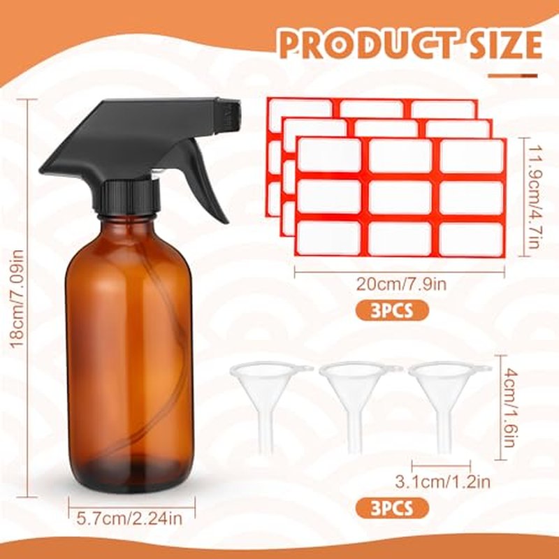 Norme 24 Pcs Glass Spray Bottles with Funnels and Labels 8 oz Refillable Cosmetic Empty Spray Containers with Trigger Squirt Containers for Essential Oil Cleaning Solutions(Brown)