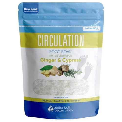 Circulation Foot Soak 32 Ounces (2 Lbs) Epsom Salt with Pure Essential Oils Ginger and Cypress Essential Oils Plus Vitamin C in BPA Free Pouch with Easy Press Lock Seal