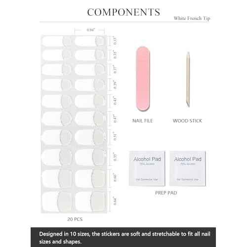 Semi Cured Gel Nail Strips (A White French Tip), Clear Base, 20 Pcs Gel Nail Wraps, Stickers, UV Light Required, Salon Quality, Long Lasting
