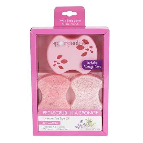 Spongables Pedi Scrub Foot Exfoliating 20+ Wash Sponge, Lavender, 2 Count, Includes Storage Case