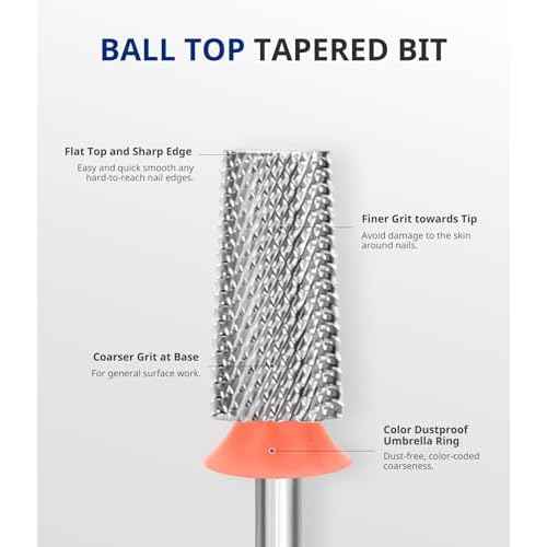 AIRSEE Tungsten Carbide Acrylic Nail Drill Bit Efile Electric File Machine Head Tip for Manicure Polishing Art Remove Gel 3/32" 2 Way Professional Tech Flat Top Tapered Barrel Fine-F