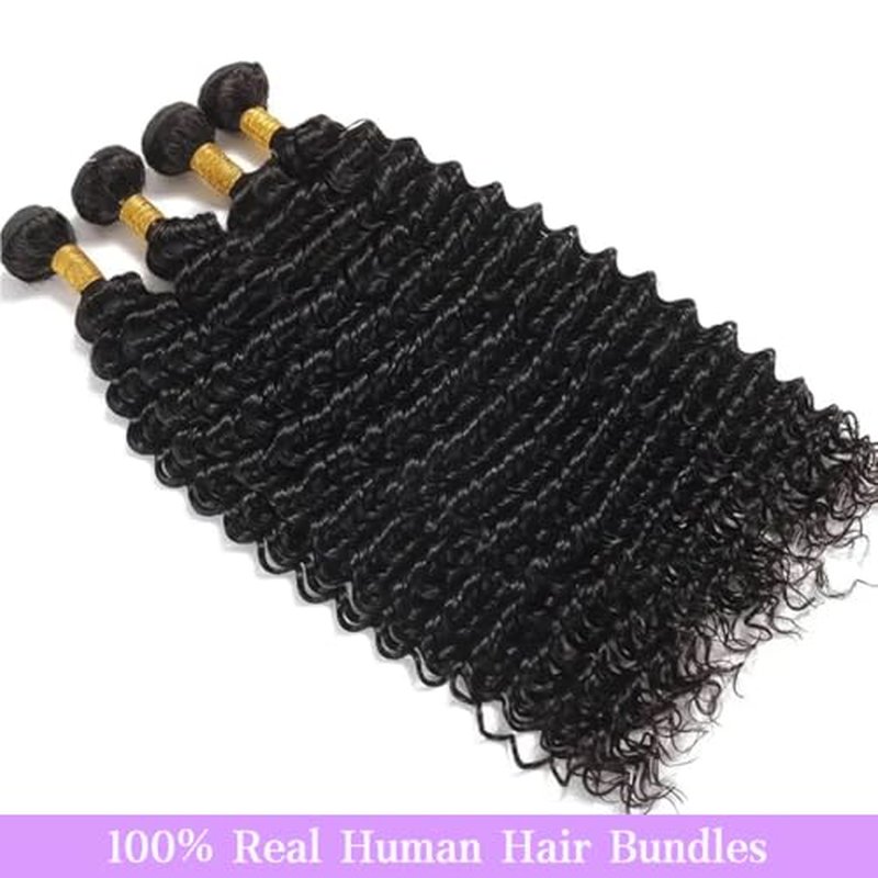 28 Inch Deep Wave Human Hair Bundles 1 Bundles Deep Wave Bundles 100% Unprocessed Brazilian Virgin Hair Curly Bundle Hair Extensions Real Human Hair Wavy Quick Weave Bundle Natural Black
