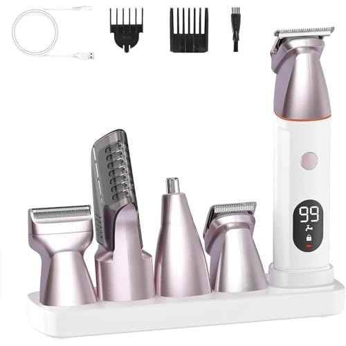 Bikini Trimmer for Women and Men,5-in-1 Wet/Dry Body Hair Trimmer,Gentle Hair Removal Shaver for Full Body Groomer,Electric Razor Shaver with USB Charge Dock-No Nick, No Cut, No Razor Burn,Pink