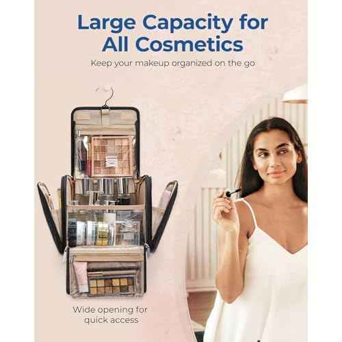 BAGSMART Makeup Bag for Women with Hanging Hook, Large Portable Capacity Water-resistant Organizer Travel Case for Toiletries and Cosmetics, Brown