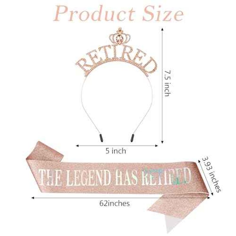 SuPoo Rose Gold Retirement Sash for Women Rhinestone Retired Crown Headband Tiara Retirement Gifts The Legend Has Retired Sash Crown Elegant Retirement Party Decorations Retired Decor