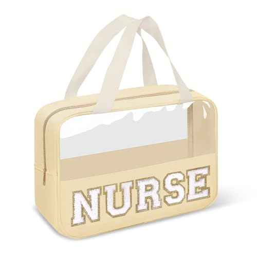 Nurses Week Gifts Chenille Letter Clear NURSE Makeup Bag for Women,Preppy Nurse Cosmetic Pouch Zipper with Handle Nurse Essentials Bag for Work Supplies,Labor and Delivery Nurse Gifts(NURSE-Beige)