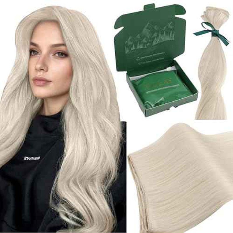 Ugeat Sew in Hair Extensions Real Human Hair Blonde Weft Hair Extensions Human Hair 18 Inch Platinum Blonde Sew in Extensions for Women Invisible Double Weft Soft Natural-looking 100G