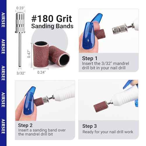 AIRSEE Sanding Bands for Electric Nail Drill 100 Piece Set 180 Grit Medium Acrylic File Attachments Professional Sander 1 Mandrel Bit Beauty Salon Accessories Manicure and Pedicure Finger Callus Brown