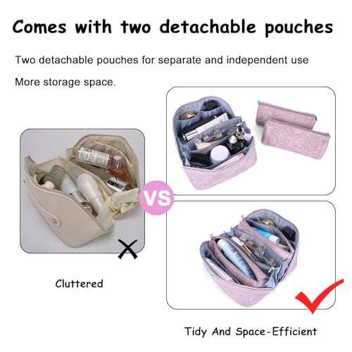 BOYATU Travel Makeup Bags Cosmetic Organizer Bag: 3-Set Large Capacity Make up Bag - PU Leather Toiletry Bags for Women - Wide Open Portable Pouch with Divider & Handle (01-Z-Light Purple)