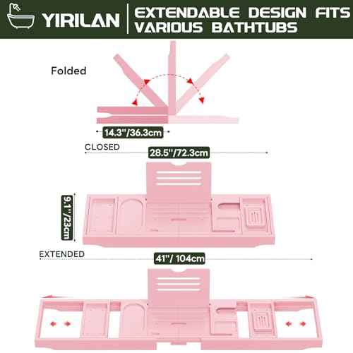 Yirilan Premium Bathtub Tray Caddy - Expandable Bath Tray - Unique House Warming Gifts, New Home, Anniversary & Wedding Gifts for Couple, Bridal Shower Gift for Women-Pink