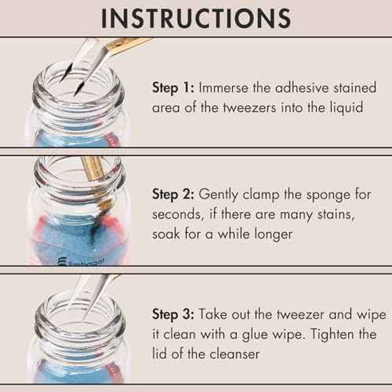 2 Bottles Tweezer Cleanser for Eyelash Extensions Tweezers Glue Remover Liquid for Lash Tools with 2 Spongeballs(2 Bottles Cleanser)