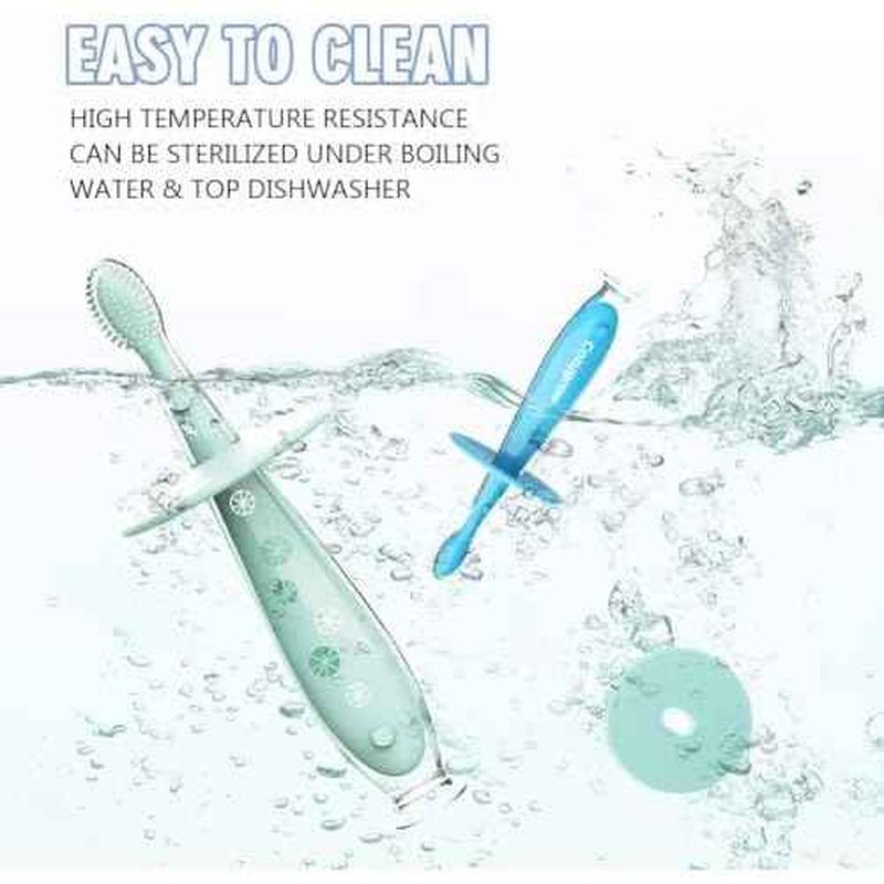 Baby Toothbrush with Suction Base - Gentle Cleaning for Toddler's Self-Brushing Training, Food-Grade Silicone, Extra Soft/Tough Bristles, BPA/Phthalate Free, Anti-chocking/Anti-Fall Design-2 Pack