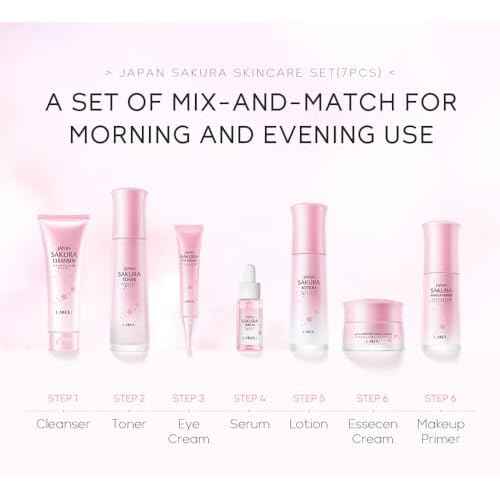 Skin Care Set JAPAN SAKURA Beauty Gift Sets Skin Care Kit with Cleanser, Toner, Lotion, Serum, Eye Cream, Face Cream, Make up Primer Travel Kit for Women Wife Mom 7pcs