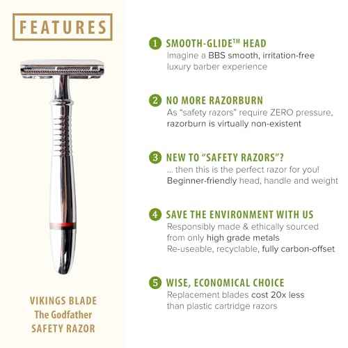 VIKINGS BLADE Double Edge Safety Razor for Men + 5 Swedish Steel Blades + Luxury Case. Classic 3-Piece. Reusable, Eco-Friendly (The Godfather)