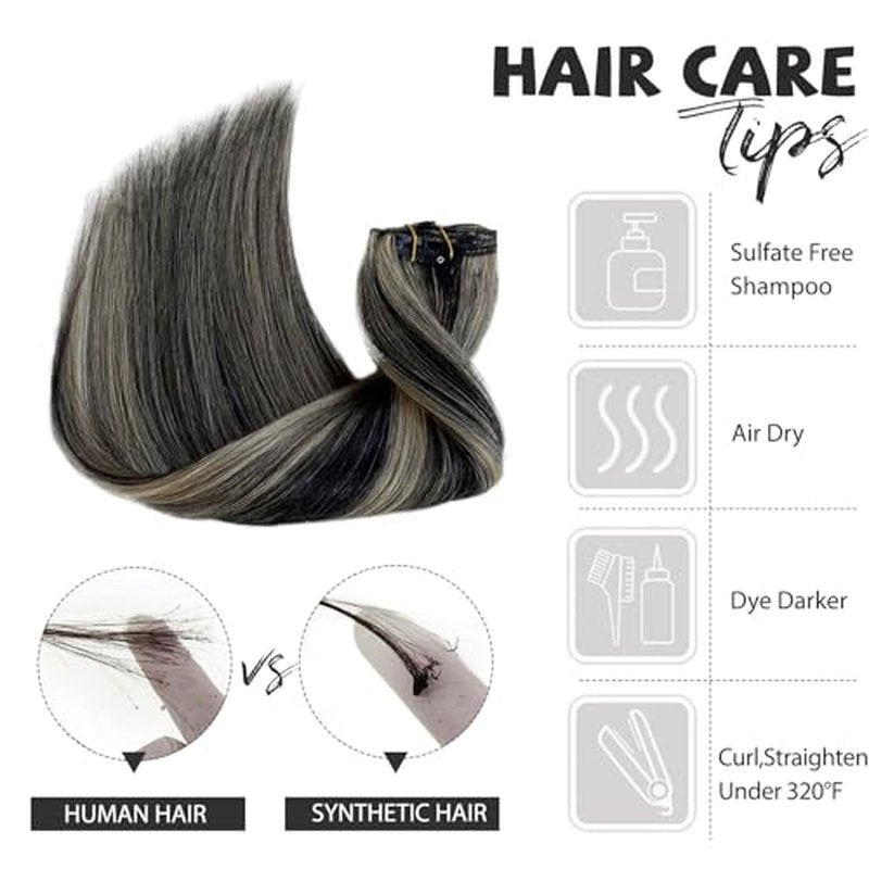 Belaved Clip in Hair Extensions, 20 Inch 70g Black Mix Blonde Clip in Hair Extensions Real Human Hair 7pcs Straight Double Weft Nature Ends