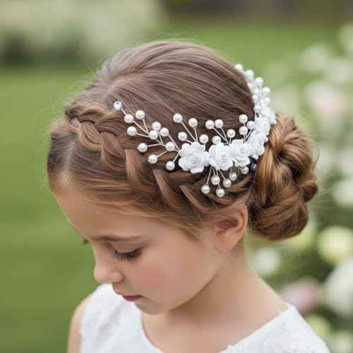 Campsis Flower Girls Hair Accessory, White Floral Headband, Pearl Headpiece for Bridal