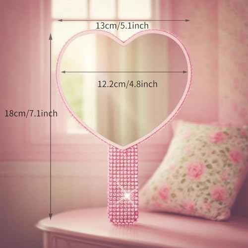 Bling Rhinestone Heart Hand Mirror Pink, Large 7.1x5.1 inch HD Handheld Mirror, Sparkling Cosmetic Vanity Mirror, Lash Mirror Tool for Women Teen Girls Gift
