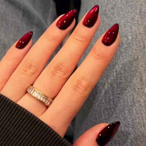 KQueenest Dark Red Press on Nails Cat Eye, Burgundy Glitter Press on Nails Almond Medium, Sparkly Shiny Fake Nails Set, Cute Bling Glue on Nails Medium for Women Christmas, Gothic Design, 30 Pcs