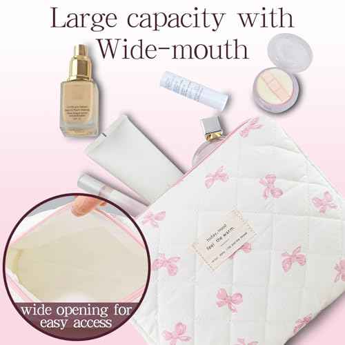 Makeup Bag, 3 PCS Quilted Makeup Bag, Cute Floral Cotton Cosmetic Bag set, Coquette Makeup Pouch Large Travel Toiletry Bag
