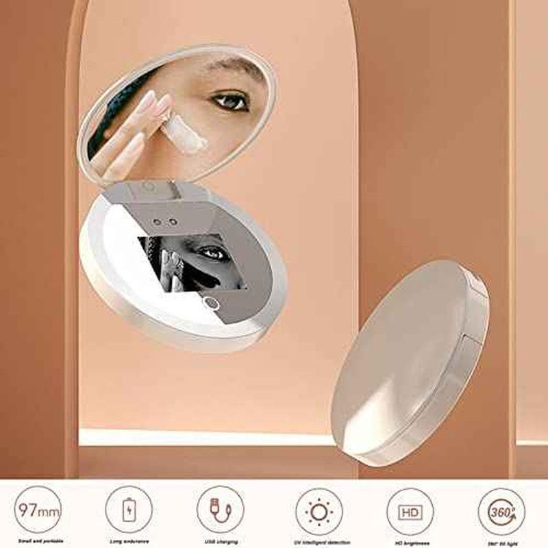 Diyeeni Compact Mirror with Camera for Sunscreen Test, Travel Lighted Makeup Mirror, 2X Magnification, Portable 2 Sided Pocket Mirror for Handbag Purse, 3.5 Inch