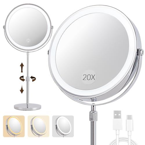 1X/20X Magnifying Makeup Mirror with Lights - 9" Large Dual-Sided Vanity Mirror with 3 Color Lights for Women's Travel Cosmetic Mirror | 3000 mAh-USB Rechargeable | 360¡Æ Rotation | Adjustable Height