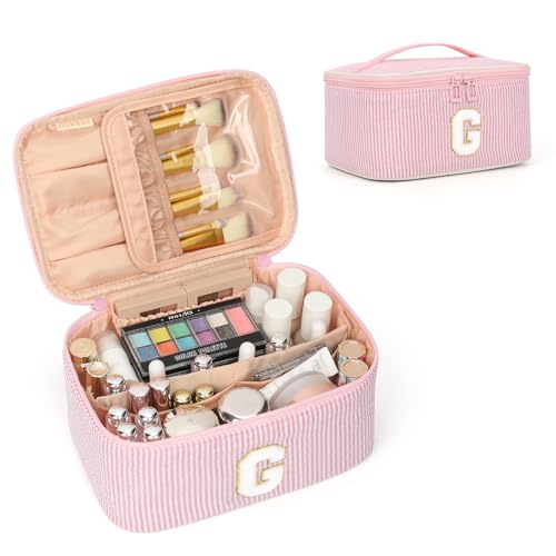 OCHEAL Makeup Bag for Women, Monogram Cosmetic Bag with Brush Holder, Pink Travel Makeup Case Beauty Toiletry Bag Organizer Personalized Gifts for Girls Bridesmaid, Sister, Wife, Friends Initial G