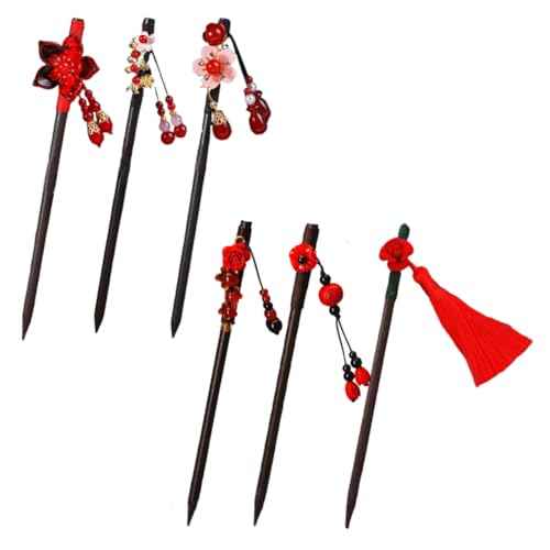 6 Pcs Chinese Hair Sticks for Women Wooden Japanese Hair Chopsticks Accessories Retro Red Cherry Clips Handmade Flower Tassel Geisha Costume for Girls Long Hair (Set A)