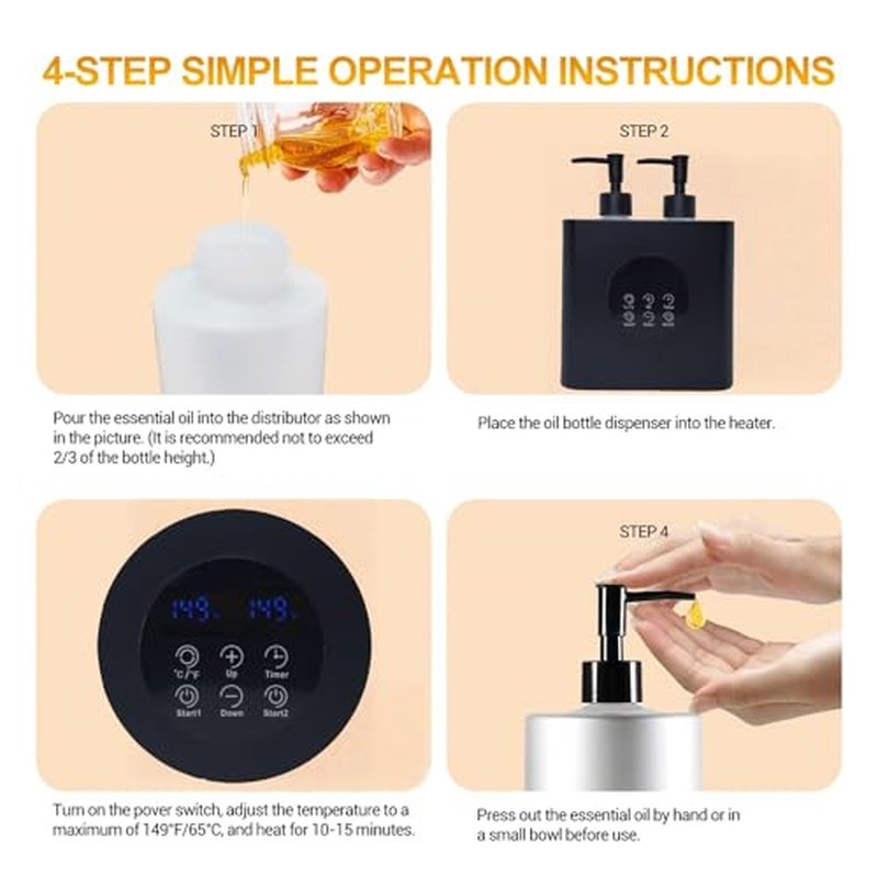 oil warmer for massage,massage Oil Warmer,lotion Warmer for Spa,Salon and Barber Shops,with 4 Oil Bottle 250ml Dispensers,with 1 White and 1 Grey funnels,Delay start control,Temperature control,Black