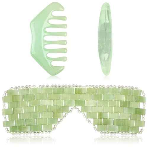 Hercicy 2 Pcs Jade Eye Mask and Hair Comb Set Green Jade Stone Eye Mask White Facial Cooling Set Guasha Scalp Comb Facial Massage Tool for Relax Alleviate Puffiness Esthetician Supply (Classic Color)