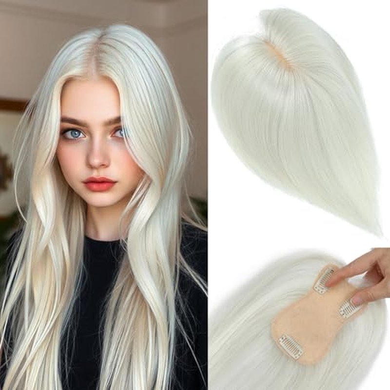 Hair Toppers for Women Real Human Hair£¬ 360¡Æ 3D Cover Hair Topper Clip in Bangs 10 Inch Realistic Scalp Pieces for Women with Thinning Crown (Silver White, Side Bangs)