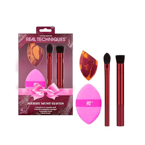 Real Techniques Merry Must-Haves Holiday Gift Set, 4 Piece Brush & Sponge Set for Foundation, Cheeks & Powder, Stocking Stuffer, Gift for Her, Cruelty-Free & Vegan