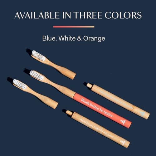 Natural Bamboo Toothbrush - Eco-Friendly, Soft Bristles | 100% Plant-Based, Reusable Handle | Adult Size (Blue, White & Orange)
