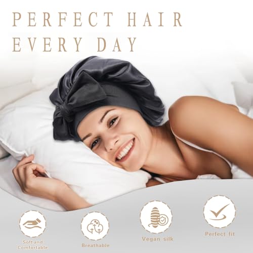 Silk Bonnet for Sleeping Women, Ajustable Hair Bonnet for Curly Hair with Tie Band Shower Caps Black£¬Large