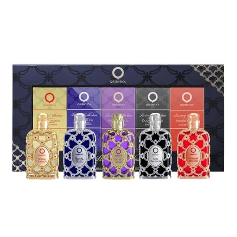 Orientica Luxury Collection Mini Perfume Gift Set for Men & Women, 5-Piece Discovery Set with Amber Rouge, Royal Amber, Oud Saffron, Velvet Gold & Royal Bleu, Unisex Fragrances for Every Occasion