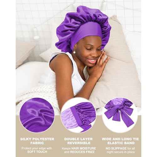 Satin Bonnet for Women Silk Bonnets for Sleeping Curly Hair Bonnet with Elastic Tie Band Reversible Double Layer Sleep Cap Hair Wrap (Purple)