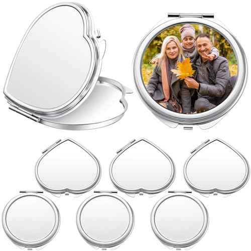 Jetec 6 Pcs Sublimation Blanks Products Small Compact Mirror Bulk Heat Transfer Folding Pocket Makeup Mirror Heart Round Double Sided Handheld Mirror Sublimation Mirror for Women Gift Purse Travel