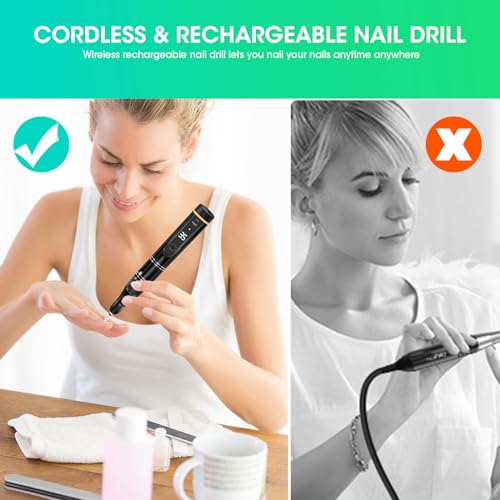 Nail Drill Cordless 35000RPM Rechargeable Professional Electric Nail Drill Kit Wireless Nail File Drill Acrylic Drill for Acrylic Gel Nails Manicure Pedicure Polishing Remover