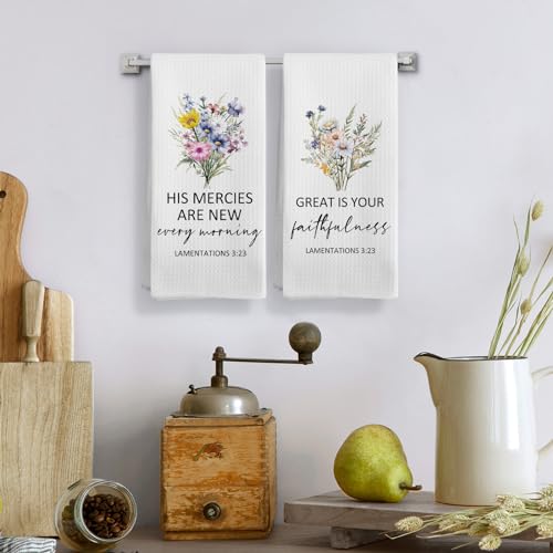Christian Religious Gifts for Women, Christian Floral Kitchen Towels, Religious Scripture Bible Verse Kitchen Tea Towels Decorative Set, Lamentations 3 23 Bible Scripture Hand Dish Towels16x24in