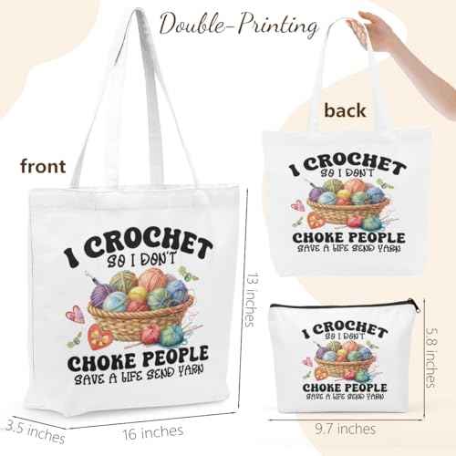 Crochet Knitting Supplies Canvas Tote Bag Makeup Bag Set, Crochet Accessories Gifts for Women Grocery Cosmetic Bags