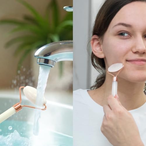 Earth & I Fuzzy headband White Jade Roller & Face Guasha Set 3pc, At Home Spa Essentials, Women Self Care, Face Tool for Lymphatic Drainage, Gua Sha Roller, Gusha, Spa Accessories for Women