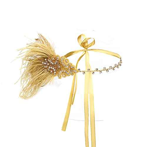 STIOEDYUAN 1920s Flapper Headbands Accessory for Women Roaring 20s Gatsby Vintage Rhinestone Beaded Leaf Feather Headpiece