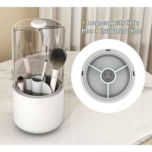 Makeup Brush Holder with Dustproof Cover, Clear 360 Rotating Make Up Brushes Organizer for Counter Vanity Bathroom, White