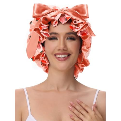 Silk Bonnet for Sleeping Women, Satin Hair Shower Cap 2025 Tie Band Adjustable Straps Head Wrap for Curly Hair Strawberries F