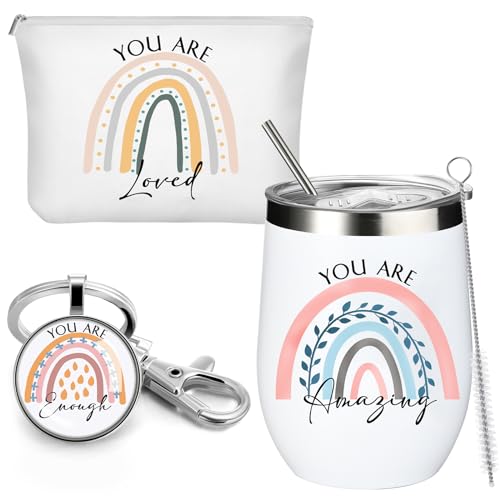 Tessco for you 3 Pcs Inspirational Gift for Women Boss Thank You Cup 12 oz Tumbler You're Enough Keychain Makeup Bag Employee Appreciation Gifts for Nurse Case Management Vet Tech(White,Rainbow)