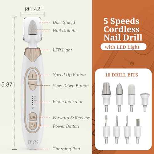 PELCAS Electric Toenail Grinder for Thick Toenails, 5 Speeds Manicure and Pedicure Kit, Cordless Nail Drill with LED Light, Electric Nail File for Human, Pet, Thick Toenails, Natural & Acrylic Nails