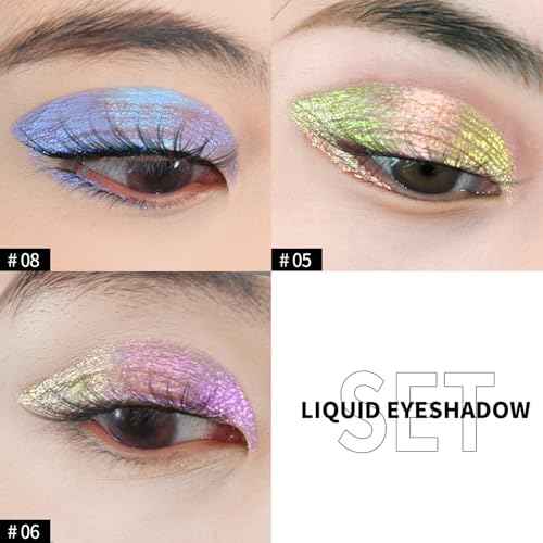 CHARMACY 3 Pcs Multichrome Glitter Liquid Eyeshadow, Chameleon Shifting Color, Holographic Metallic Eyeshadow, Long-Lasting Wear, Vegan Eye Topper for Party, Daily Makeup (#303)