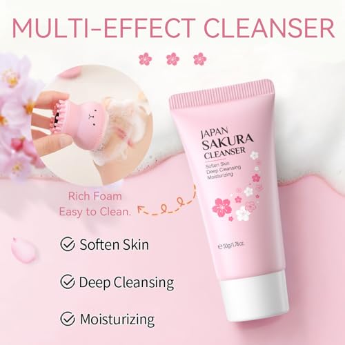 Skincare Set Sakura Teen Girls Gifts - Skin Care Set - Skincare for Teens 10-12 Hydrating - Travel Size Facial Kit for Women with Cleanser,Serum,Cream,Bunny Headband,Cleansing Brush£¨5pcs£©