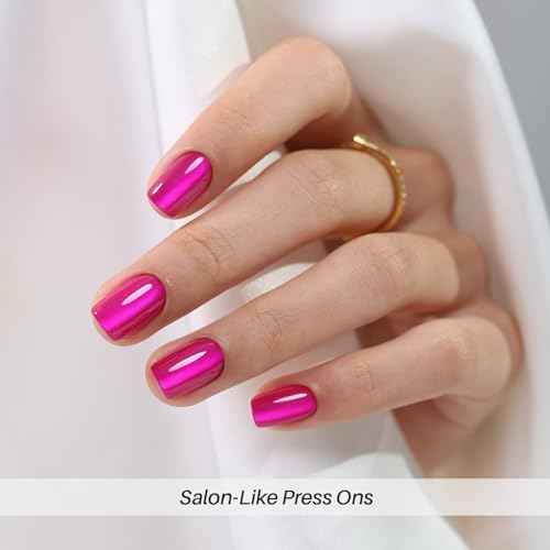 Hot Pink Press on Nails Short - Cat Eye Press on Nails Square for Women Gift, Natural Fit & Glossy Stick on Nails in 16 Sizes - 32 Reusable Soft Gel Fake Nails with Glue, Hot Pink